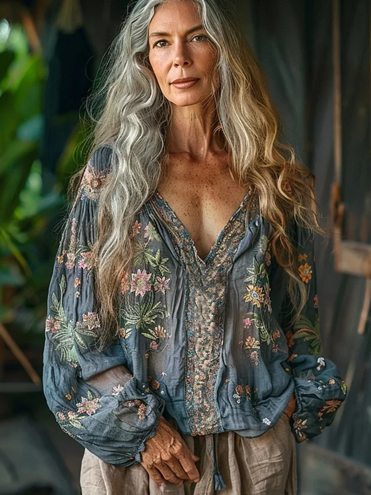 Bohemian Ethnic Floral Linen Art Print Long Sleeve V-neck Shirt