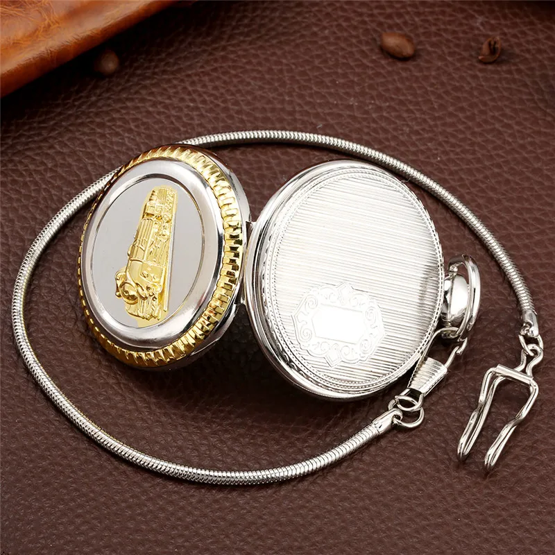 Luxury Golden Steam Train Cover Roman Numeral Display Clock Locomotive Quartz Pocket Watch for Men Women with Pendant Chain Gift
