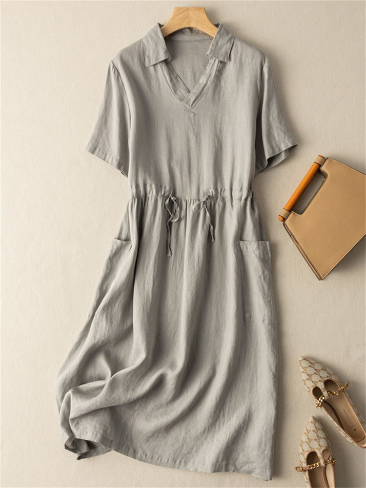Patch Pockets Lapel V Neck Maxi Dress
