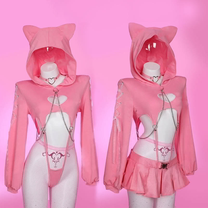 Cosplay Cat Heart Hollow Top Skirt Lingerie Costume