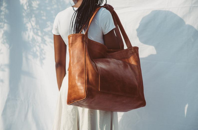 Women's Large Soft Leather Tote Bag With Pocket