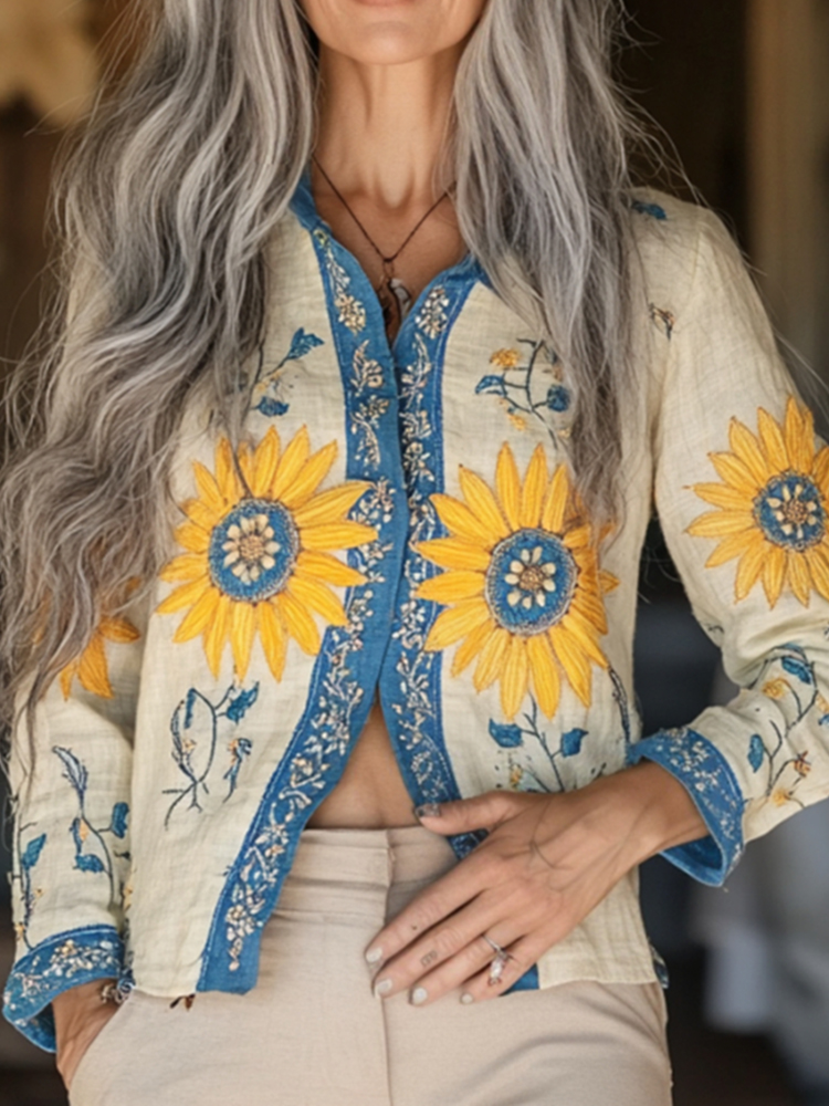 Bohemian Linen Floral Ukraine Sunflower Gradient Art Print  Long Sleeve Shirt
