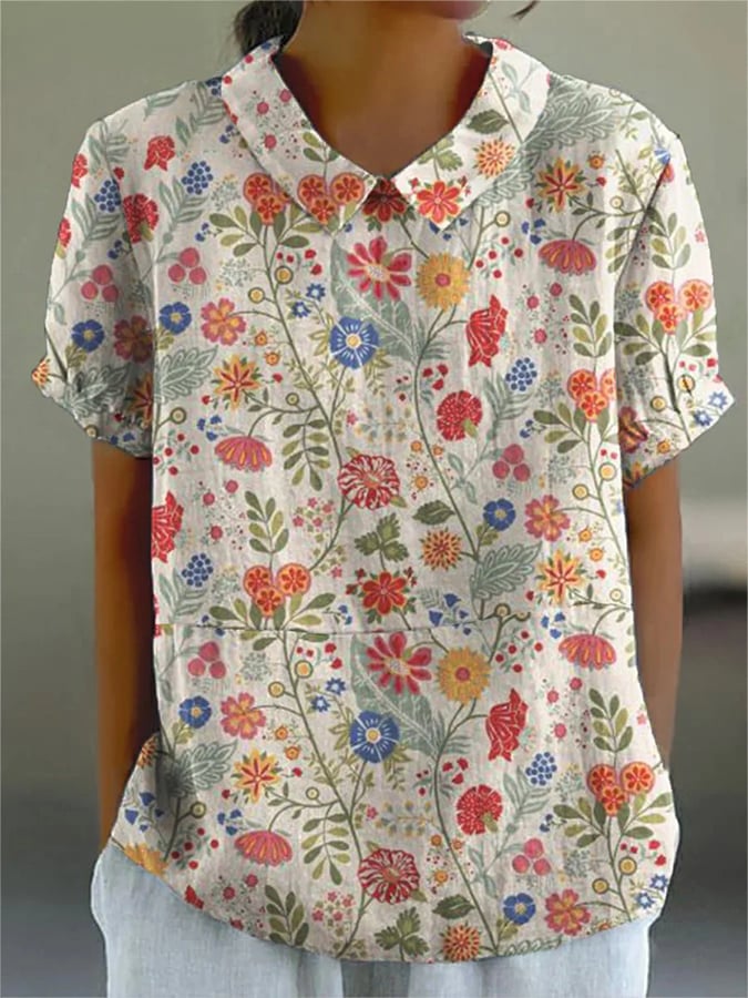 Women'S Retro Floral Art Print Casual Cotton And Linen Shirt