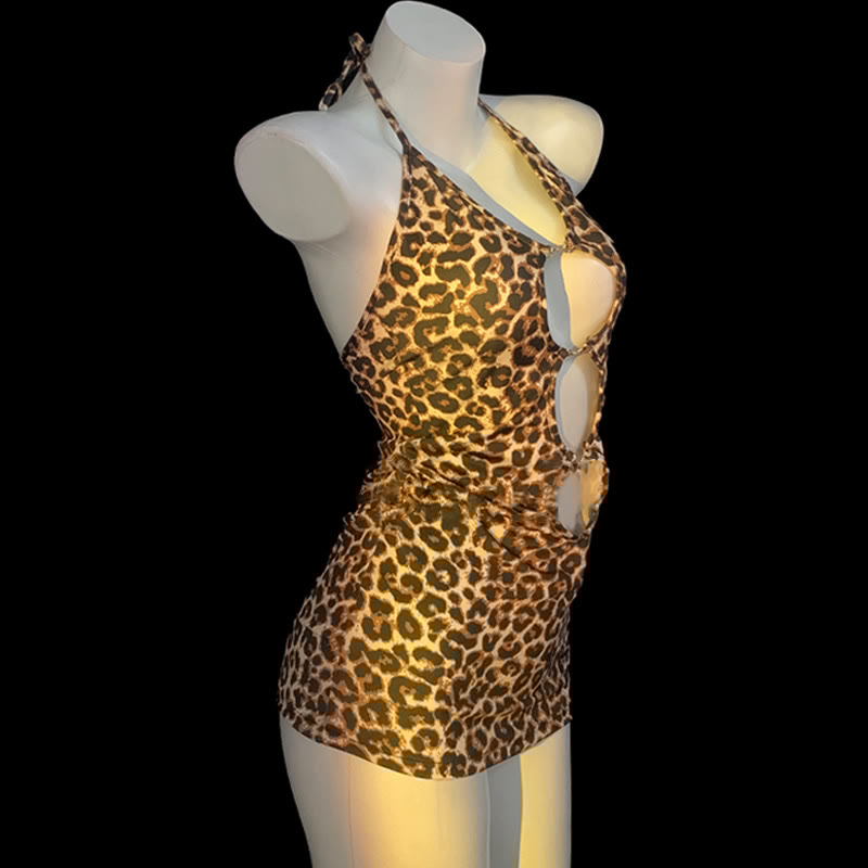 Leopard Print Backless Hollow Out Lingerie Dress