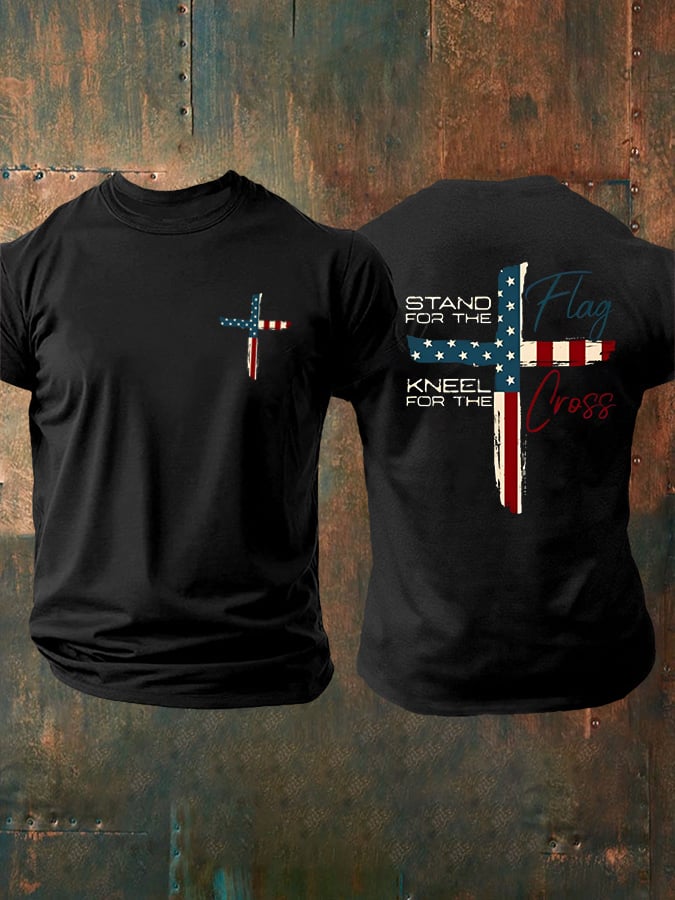 🔥Hot Sale Picks 🔥Men's Stand For The Flag Kneel For The Cross Printed Casual T-Shirt
