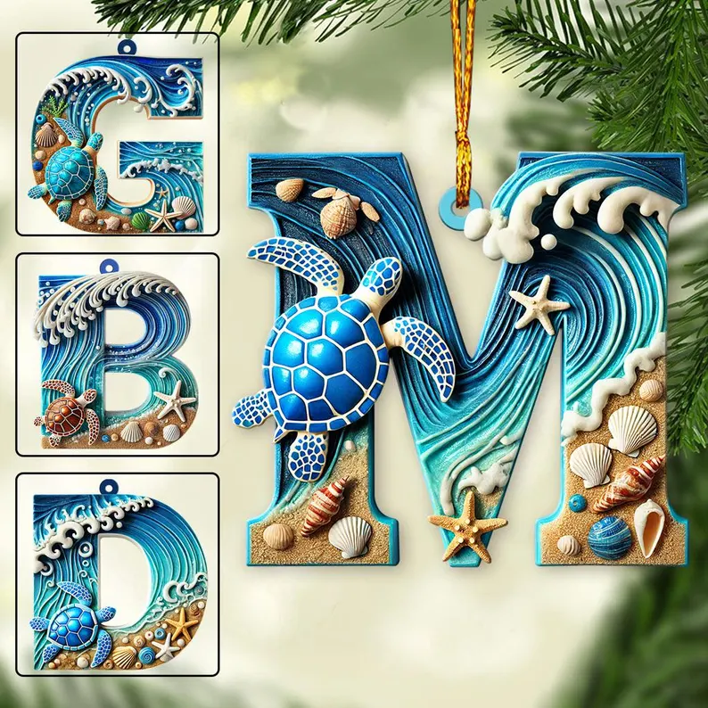 Personalized Ocean Turtle Initial Letter Ornament