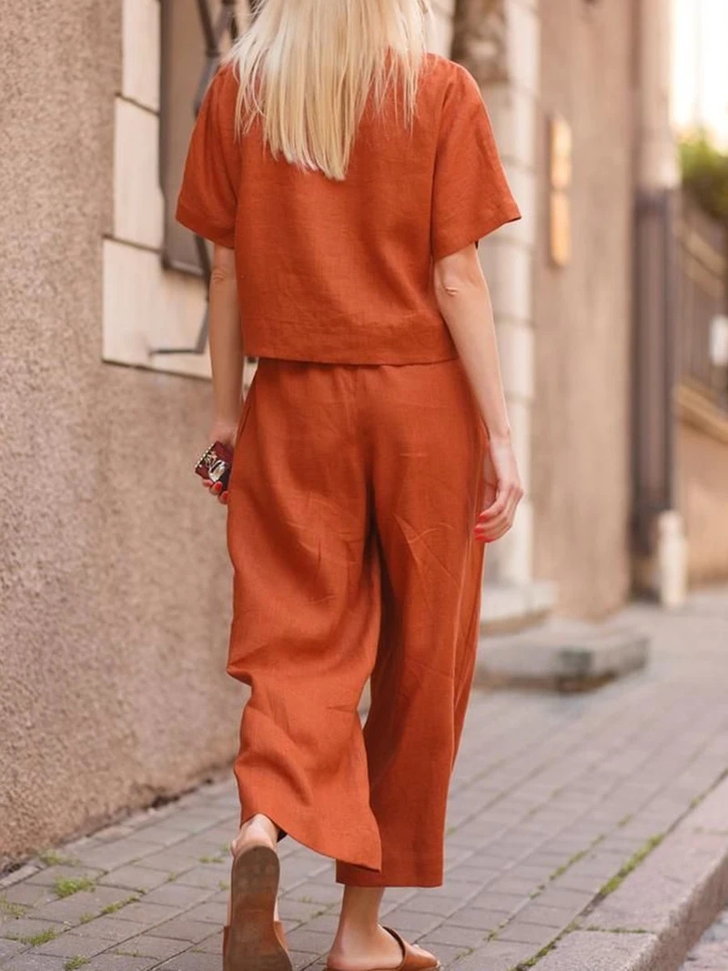 Casual Loose Solid Color Shirt Trousers Two-piece Set