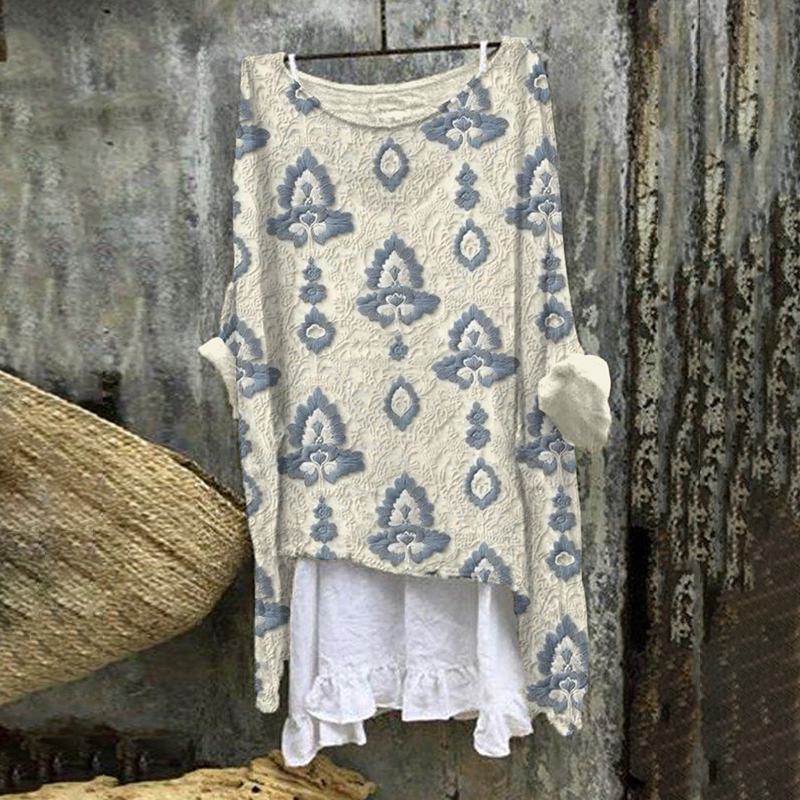 Vintage Floral Embroidered Lace Linen Blend Cozy Tunic