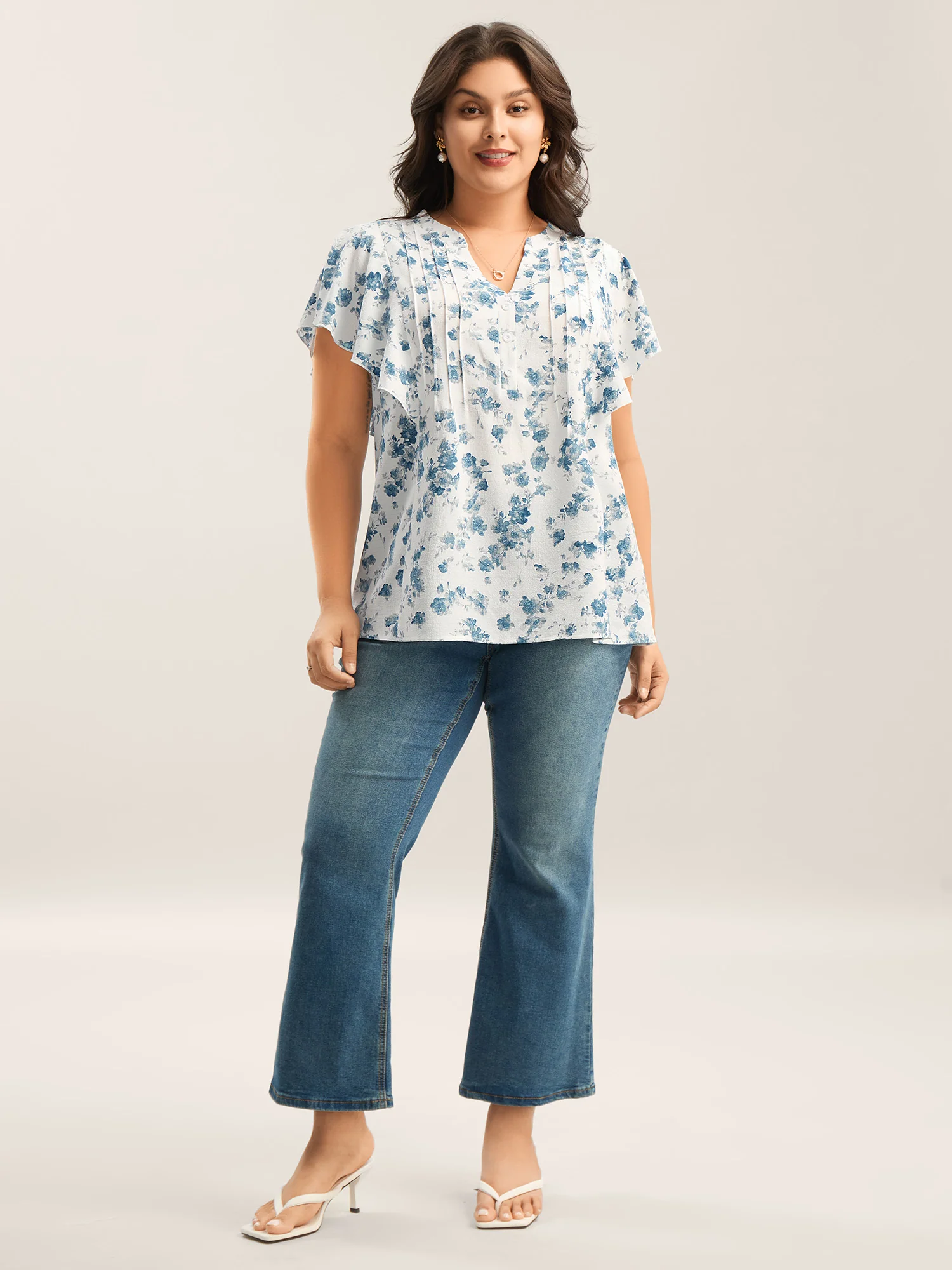 Floral Toothpick Pleat Sheer Blouse