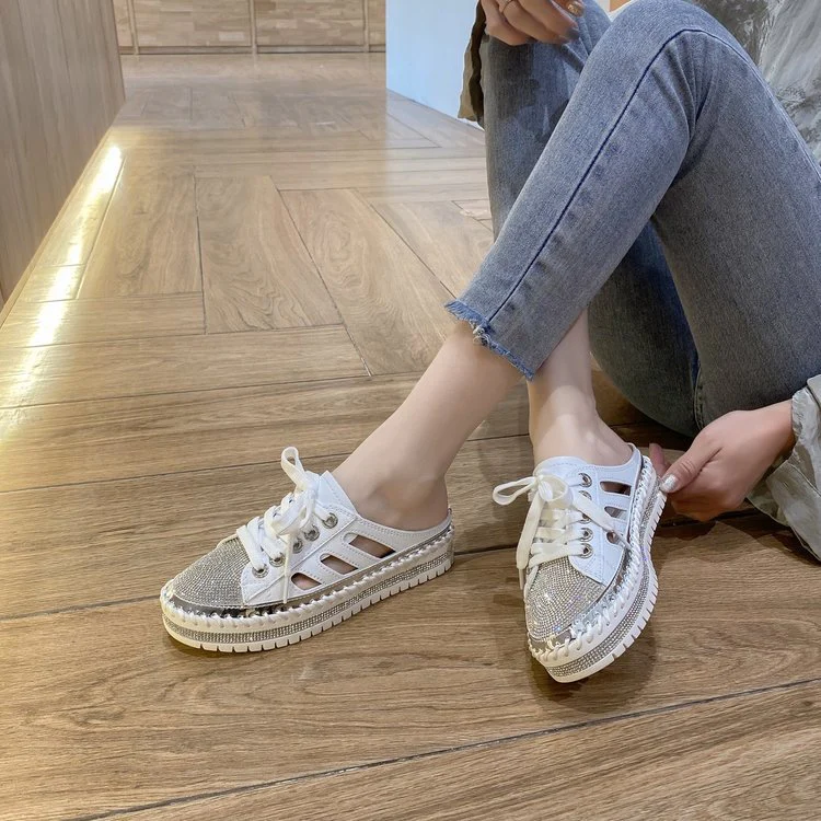 New Flat Platform Half Slippers Bling Mules Crystals Lace-Up Shoes