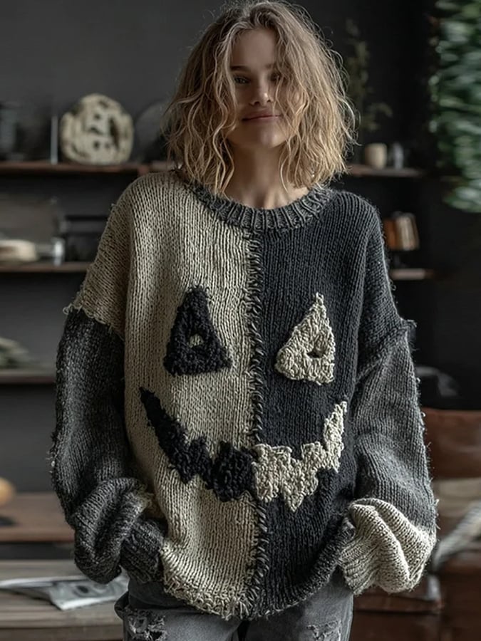 🔥Buy 3 Get 10% Off🔥Women's Halloween Spooky Face Stitched Cozy Knit Sweater