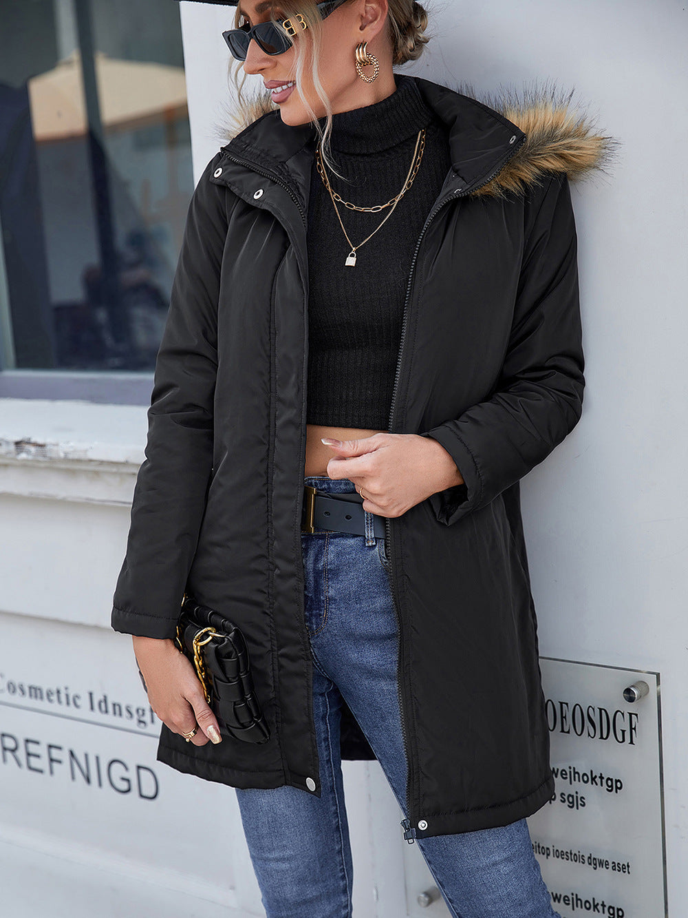 Casual Hooded Mid Length Trench Coat Overcoat Zipper Cotton Padded Coat Women