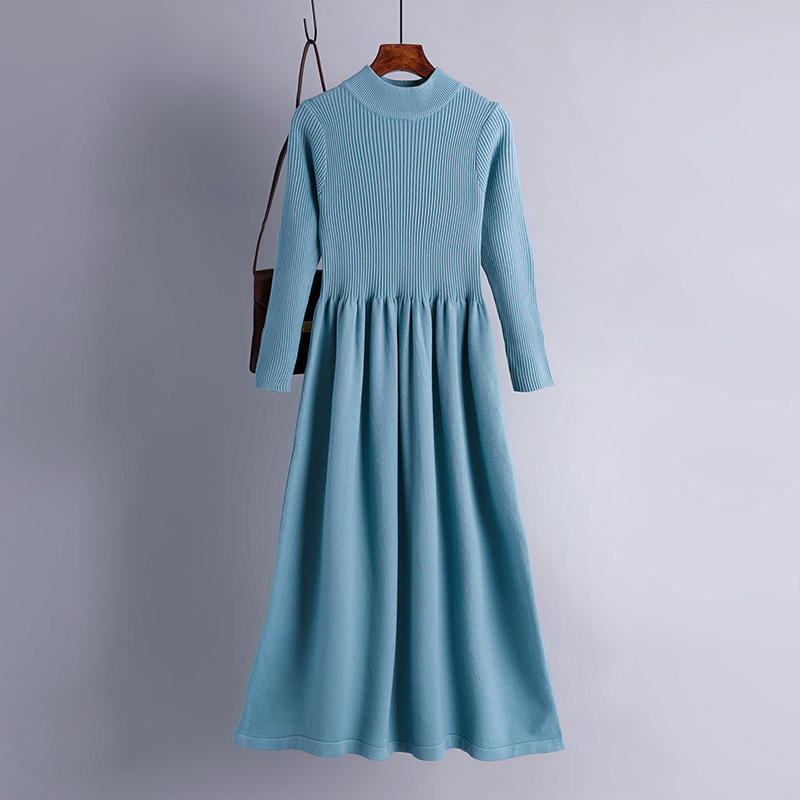 Autumn and winter half-high collar large pendulum long style knitted dress waist show thin long sleeve simple temperament sweater bottom skirt woman