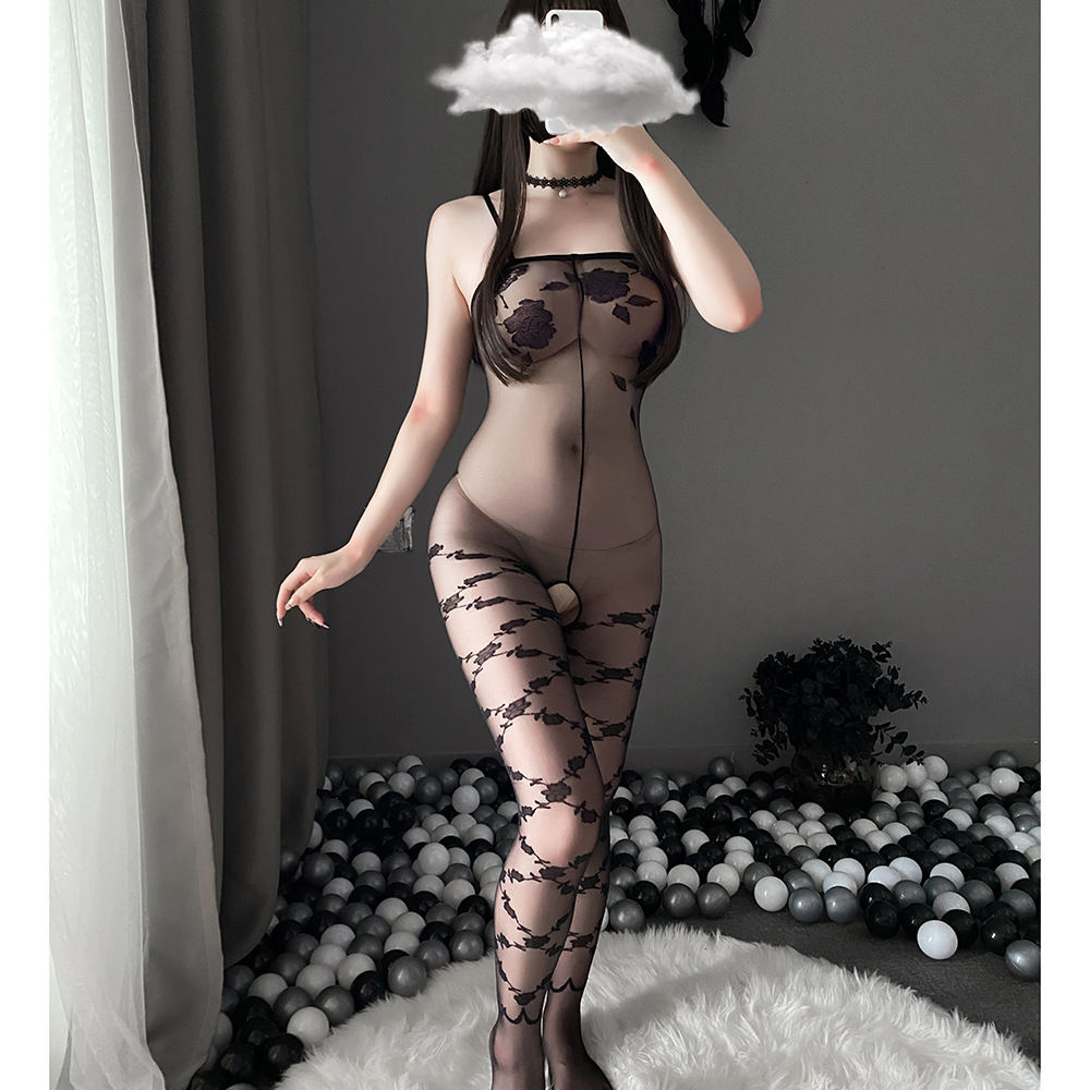 Sexy see-through patterned suspender strapless bodysuit stockings