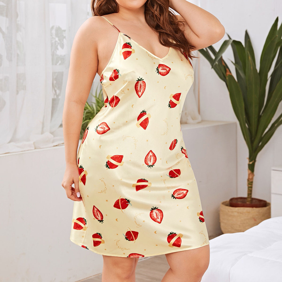 Plus Size Spring Summer Women Clothes Nightdress Strap Satin Printed Homewear Women