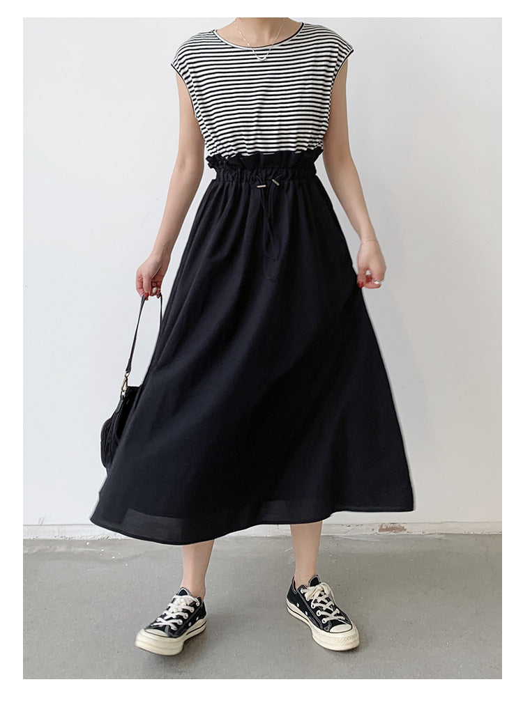Summer Women Clothing Dress Cotton Stitching Bud Large Swing Dress Loose Waist Contrast Colors False Two Piece
