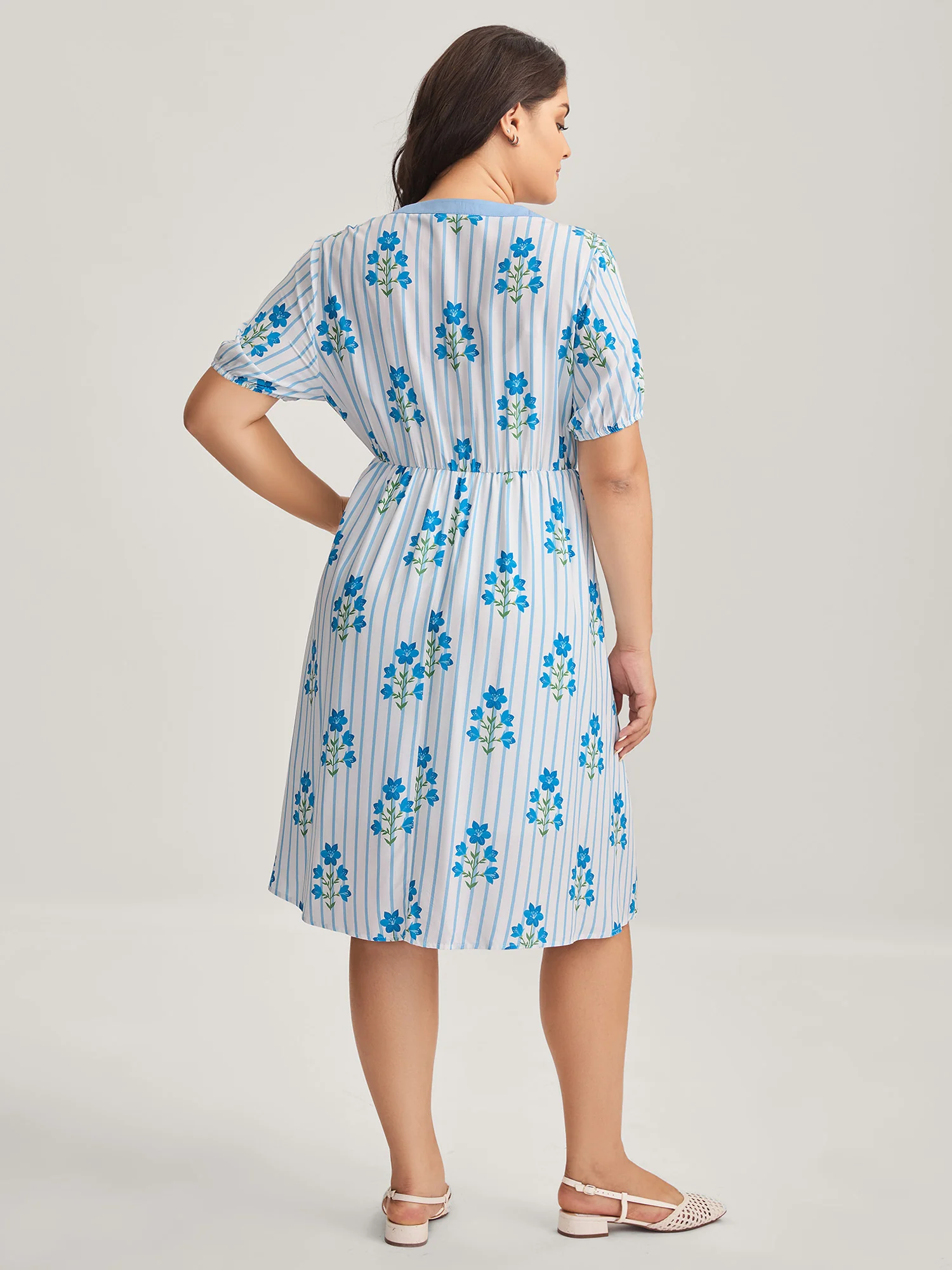 Stripe Floral Notched Neck Tie Midi Dress