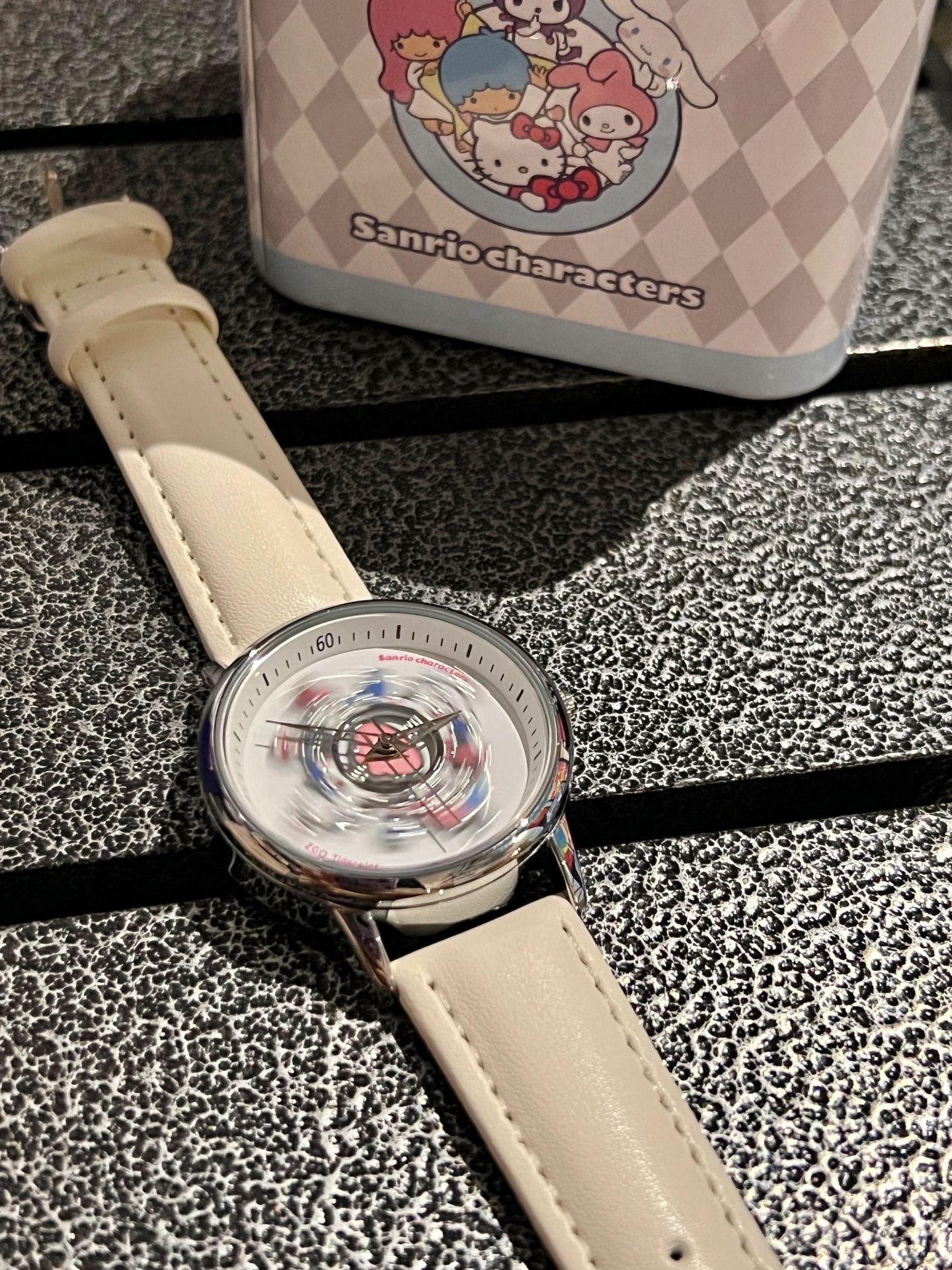 Sanrio Women Carousel Turntable Watch Gift Box | Casual Ladies Wristwatch Silver-Tone Case with White Fabric Strap (36mm)
