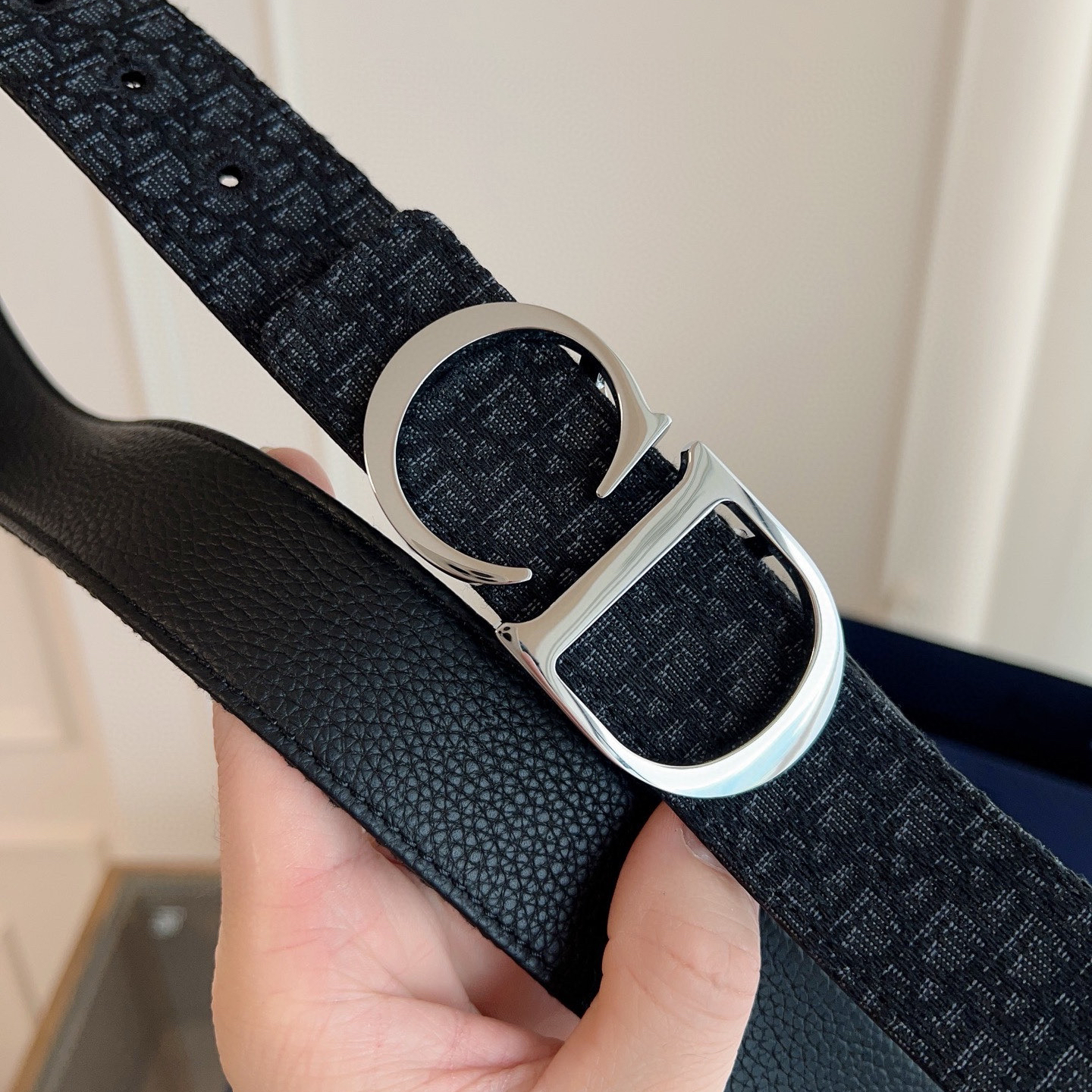 Dior Oblique Blue Cloth Black Cowhide Leather Strap 3.5cm Wide