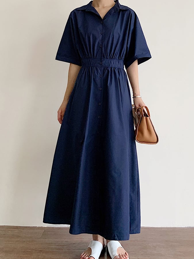 Women's Solid Color Single-Breasted Mid-Length Loose Cotton And Linen Casual Dress
