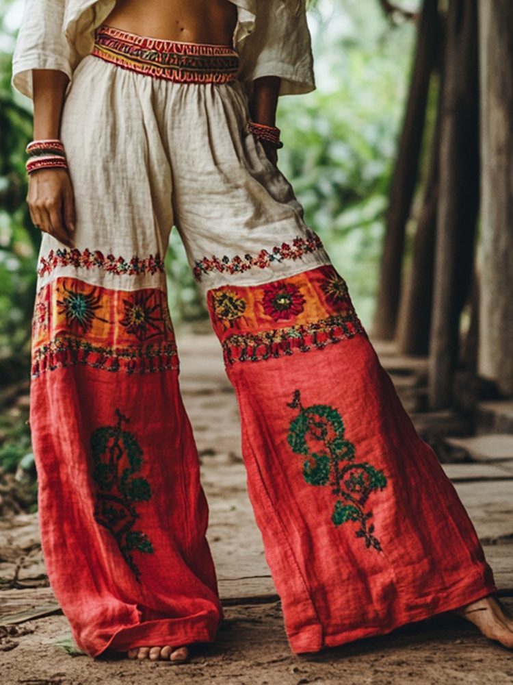 Women's Floral Embroidered Loose Linen Blend Pants