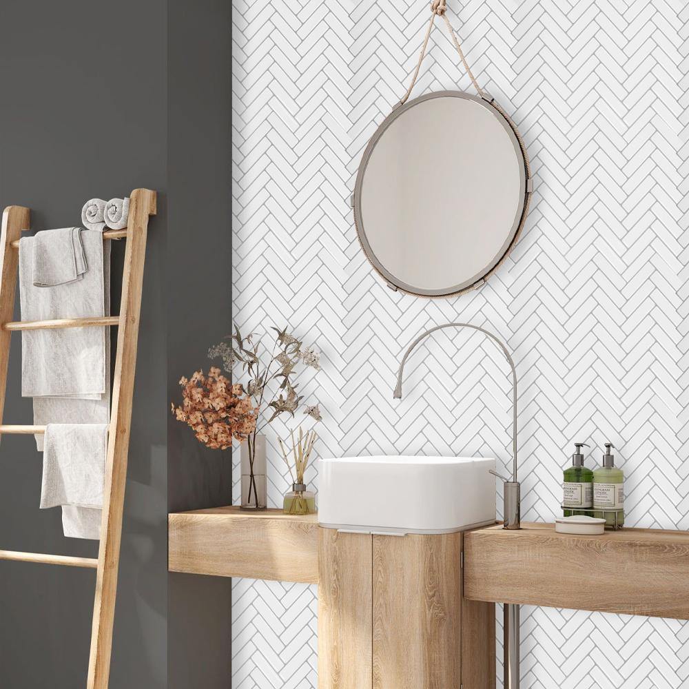 White Herringbone Backsplash Peel and Stick Tile - Thicker Design