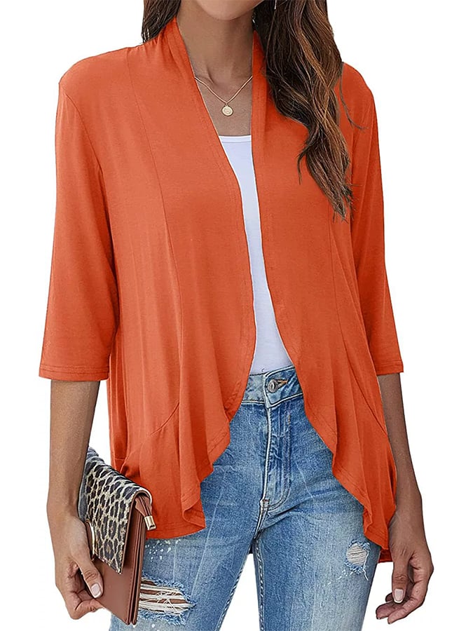 Women's Three-Quarter Sleeve Ruffle Solid Color Cardigan Jacket