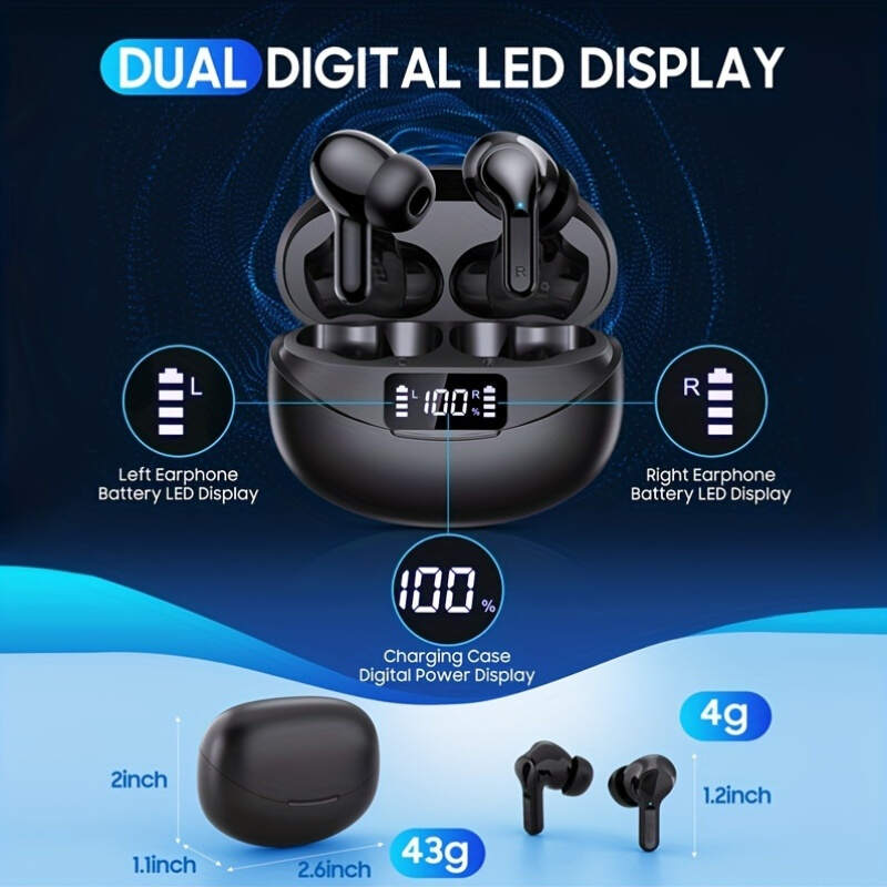 [Noise Cancelling Earbuds] Wireless Noise Cancelling Earbuds, True Wireless Stereo TWS Headphones | Sport Headset, Touch Control, Led Charging Case
