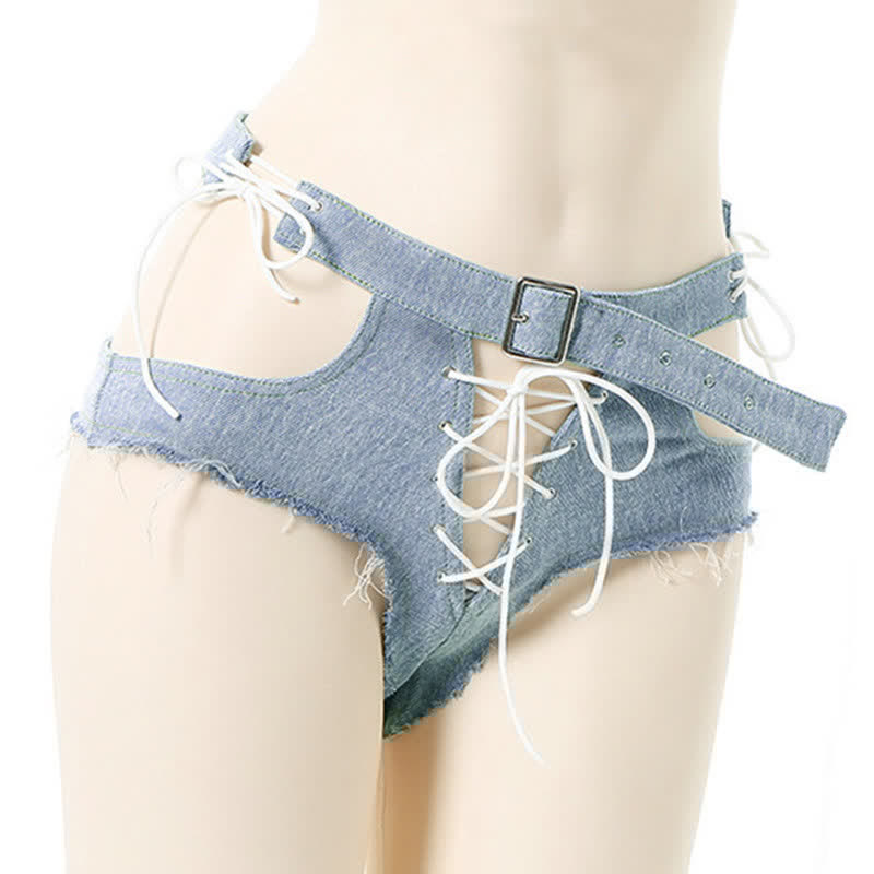 Hollow Out Lace Up Denim Shorts Lingerie