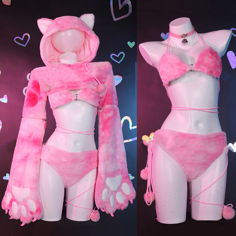 Cosplay Cartoon Kitty Paw Hooded Plush Lingerie Set