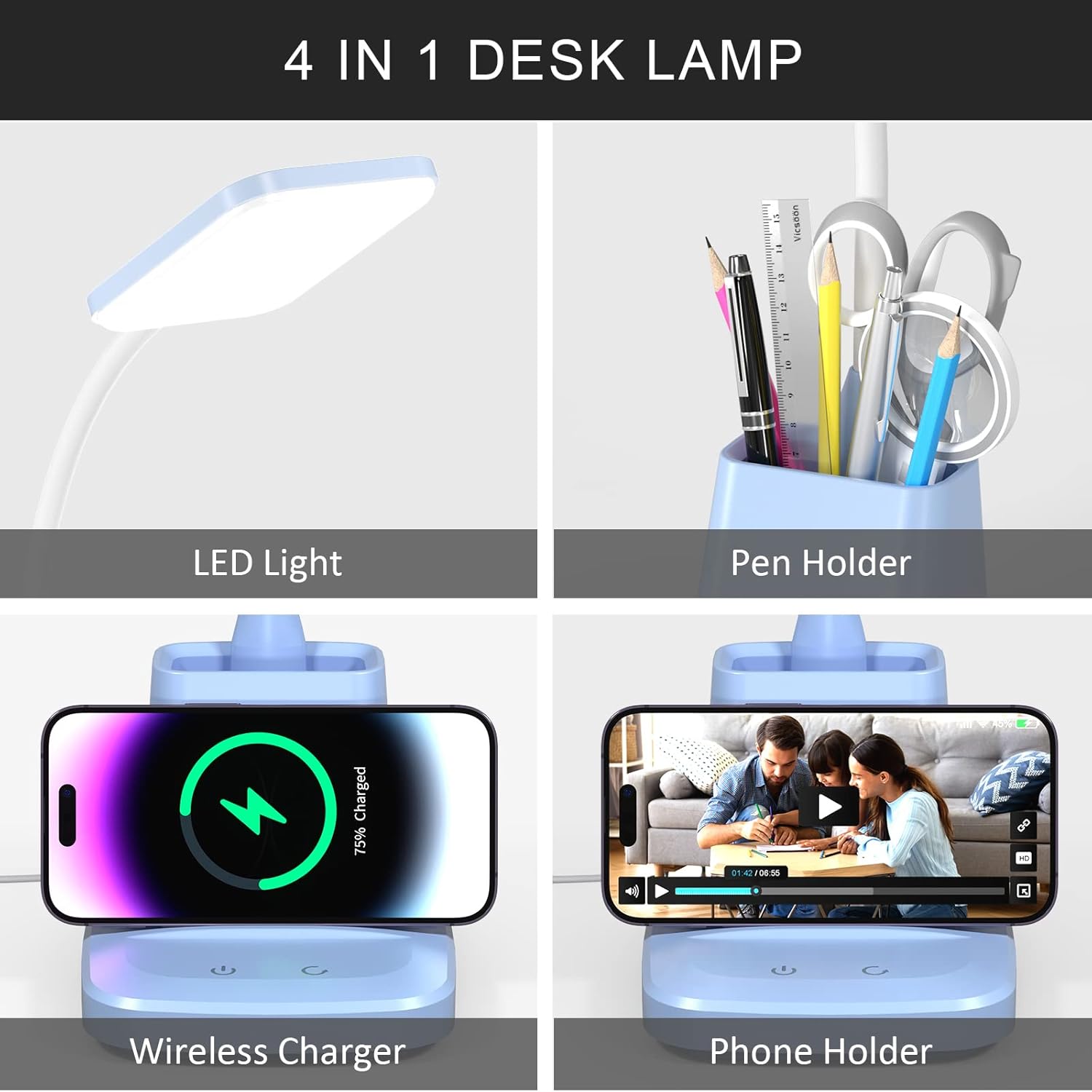 Desk Lamp with Wireless Charger, LED Desk Lamps for Home Office, 800 Lumens, Small Desk Lamp with Pen Holder, Flexible Arm, 3 Modes, Dimming, Touch Lamp for College Dorm Room