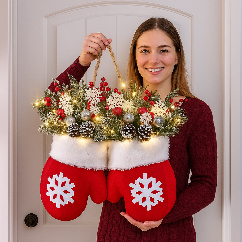 🔥Last Day 50% OFF🔥Twinkling Christmas Mitten Wreath with 120 LED Lights & 10H Auto Timer