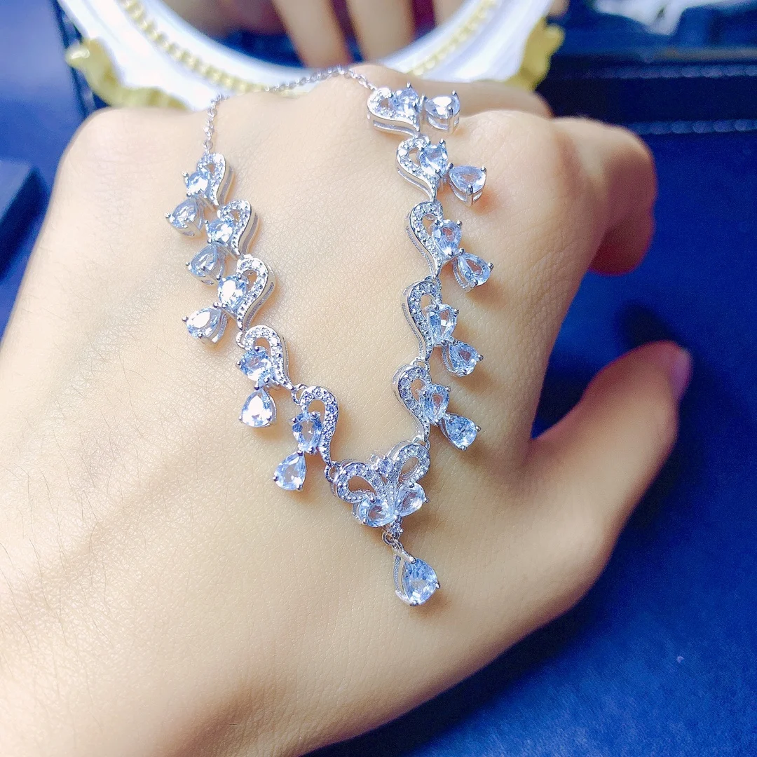 Fashion Necklace Ladies Silver 925 Jewelry Drop shaped natural aquamarine pendant Neckpiece Engagement wholesale luxury jewelry