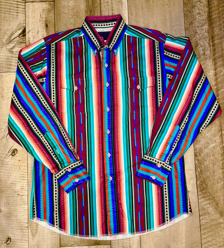 Men's Fashion Western Blue Red Stripe Long Sleeve Shirt