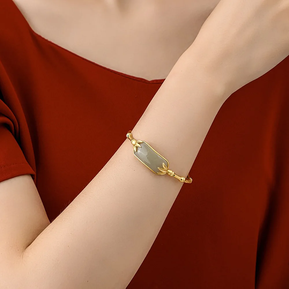 Natural Hotan Jade Luxury Bracelet For Women Gilded Bamboo Joint Vintage Bangles Fashion Jewelry Couples Gifts Free Shipping