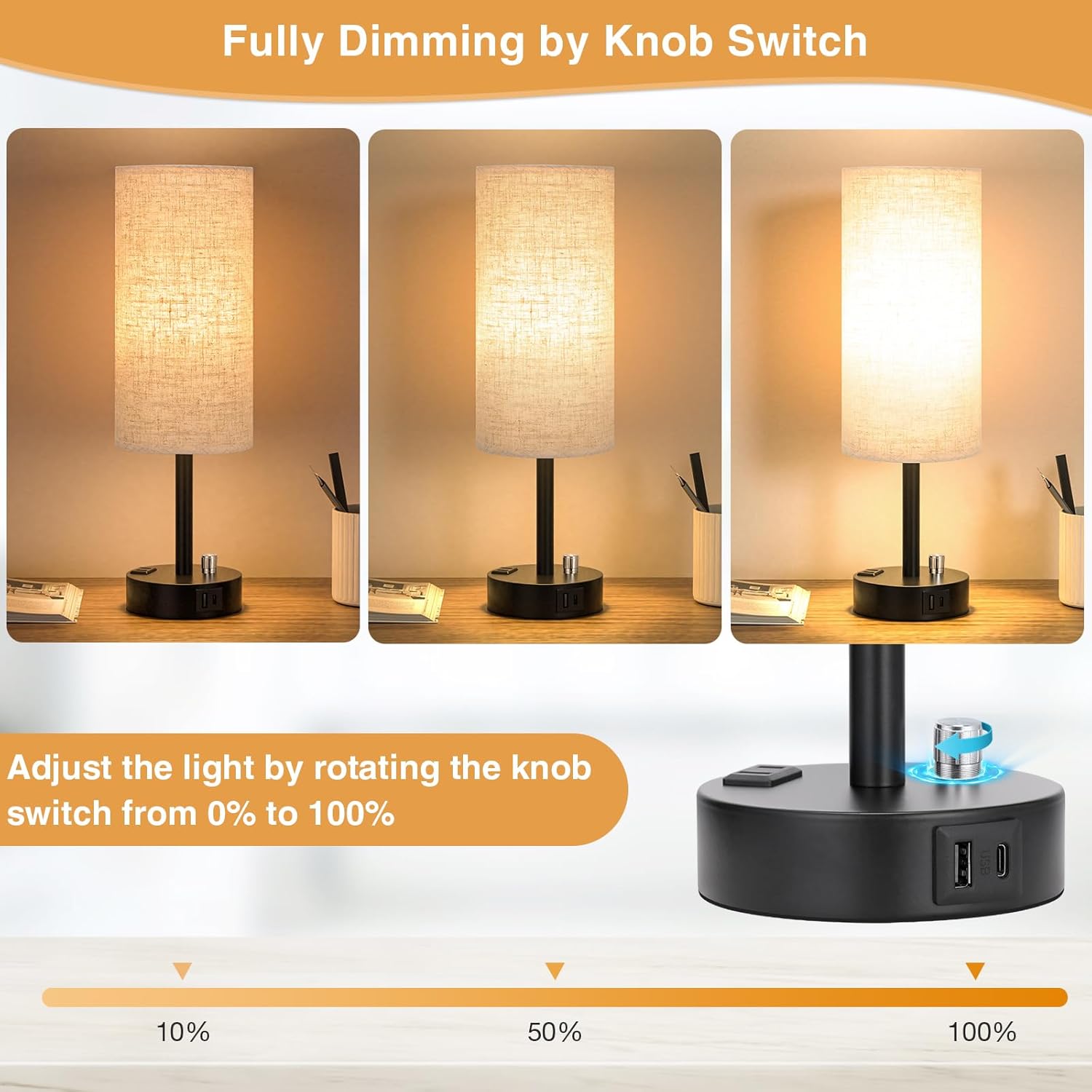 Bedside Table Lamp for Bedroom - 3 Way Dimmable Touch Lamp USB C Charging Ports and AC Outlet, Small Lamp Wood Base Round Flaxen Fabric Shade for Living Room, Desk, LED Bulb Included