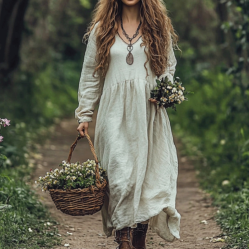 Women's Solid Color Linen Blend V-neck Loose Midi Dress
