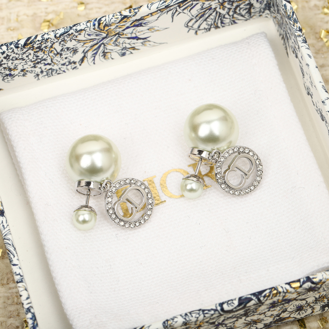 Dior Round Crystal CD Double Ball Pearl Earrings