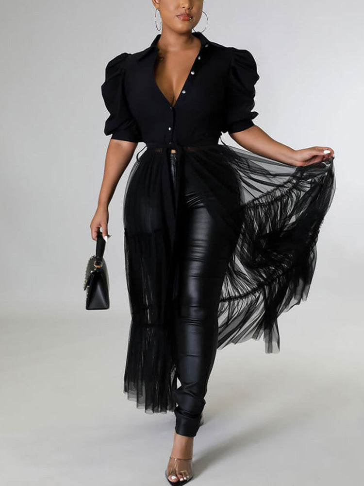 Button Shirt Mesh Hem Top