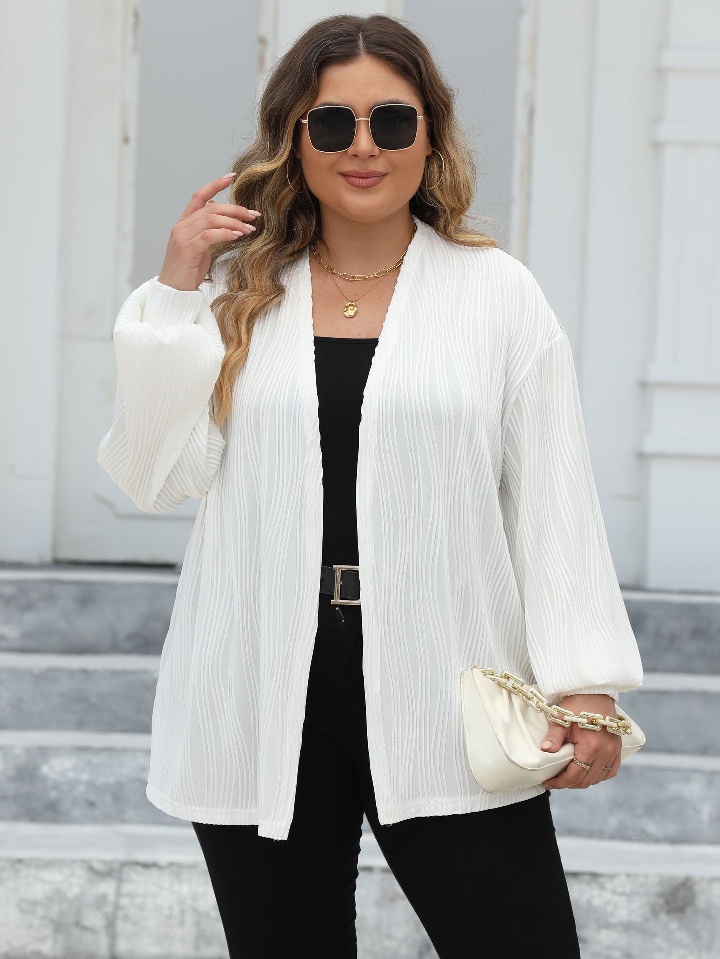 Plus Size Women Cardigan Women Wave Striped Casual Loose Jacket Comfortable Top Lantern Sleeve Air Conditioning Shirt