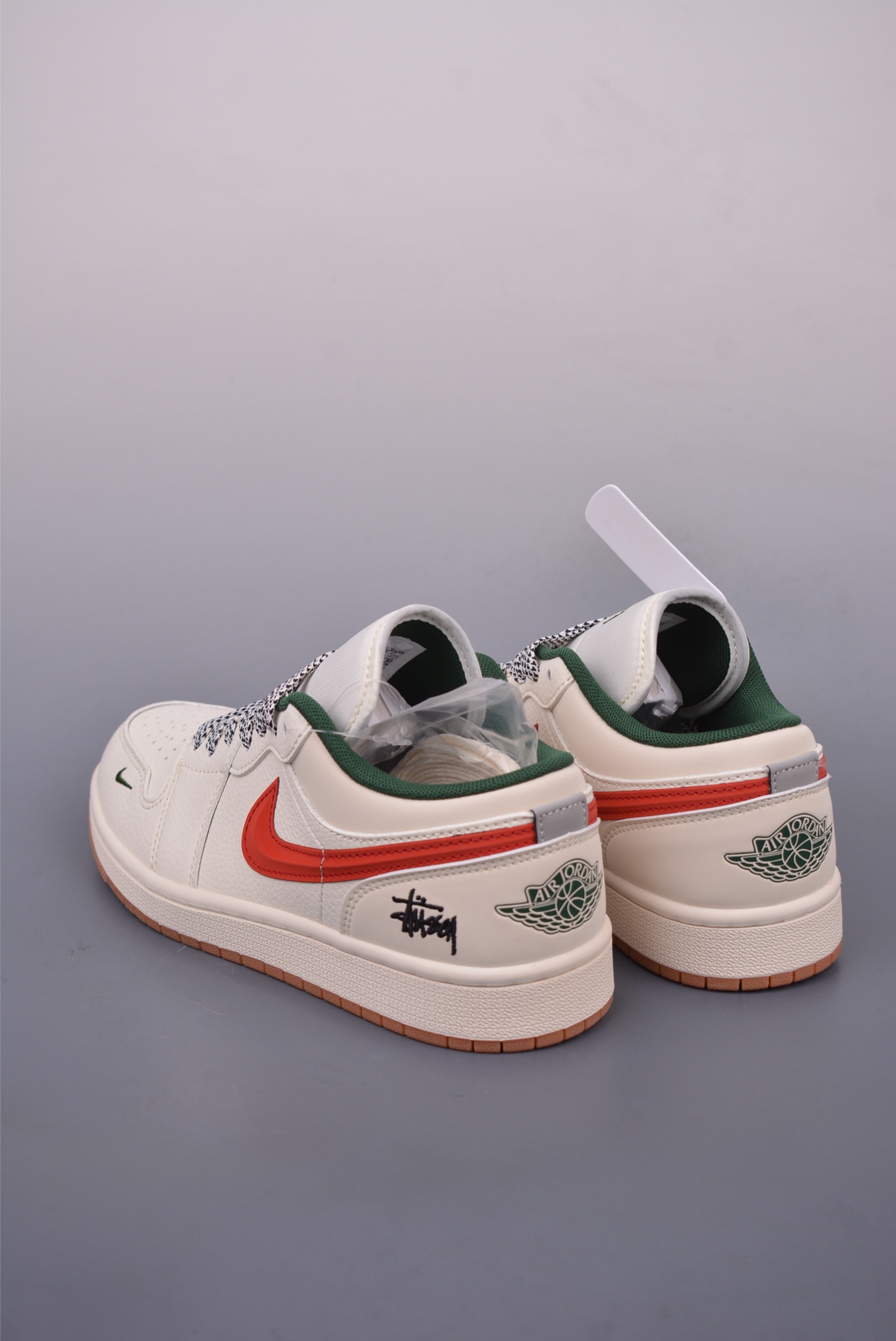 Stussy x Nike Air Jordan 1 Low OGAJ1 Basketball Shoes Off-White, Red and Green