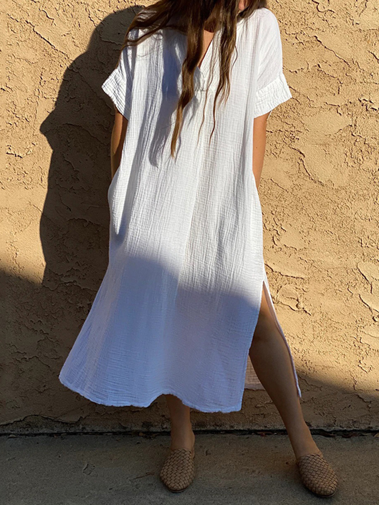 Vintage Plain V Neck Split Short Sleeve Maxi Dress