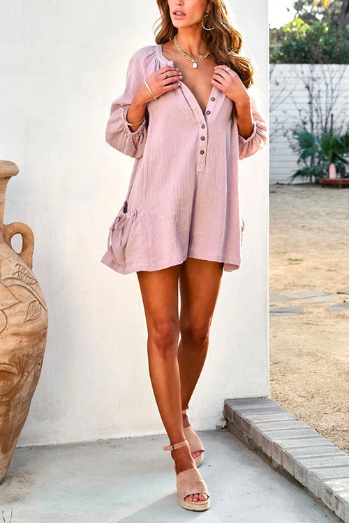 Heididress Solid Button Down Shorts Romper with Pockets