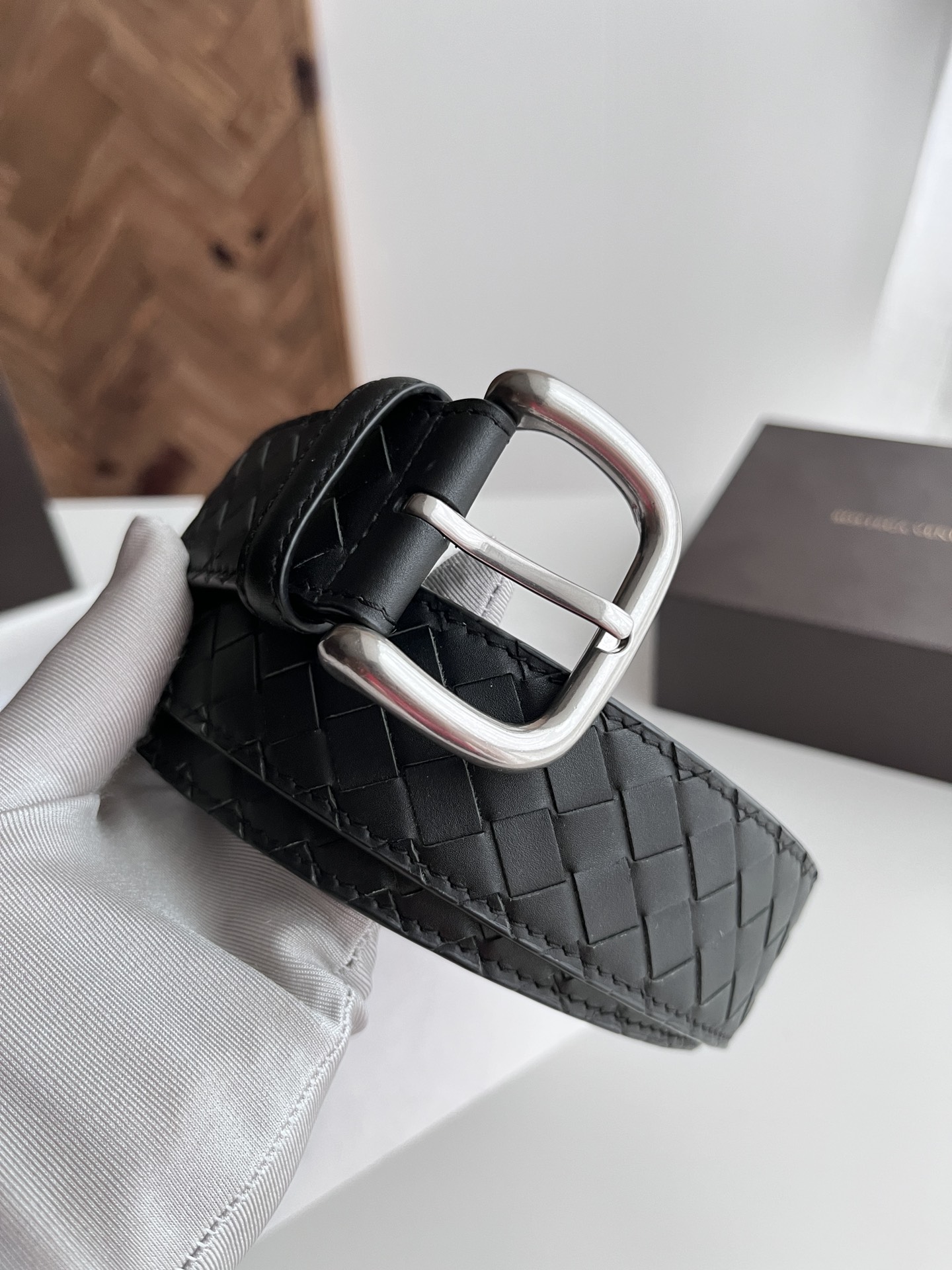 Bottega Veneta intreccio woven cowhide double-sided belt width 4.0cm