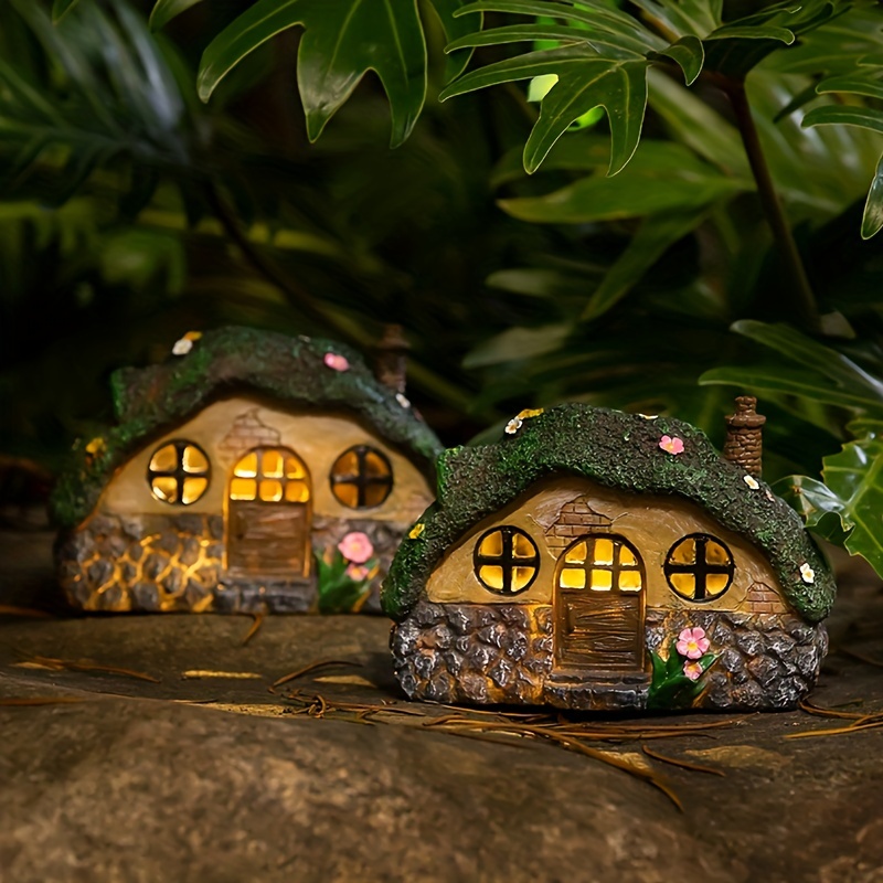 1pc Solar Garden Statue Lights, Fairy Garden House Cottage Figurines Solar Powered Resin Sculpture Outdoor Decor Light For Patio, Lawn, Yard Art Decoration, Housewarming Gift (Resin)
