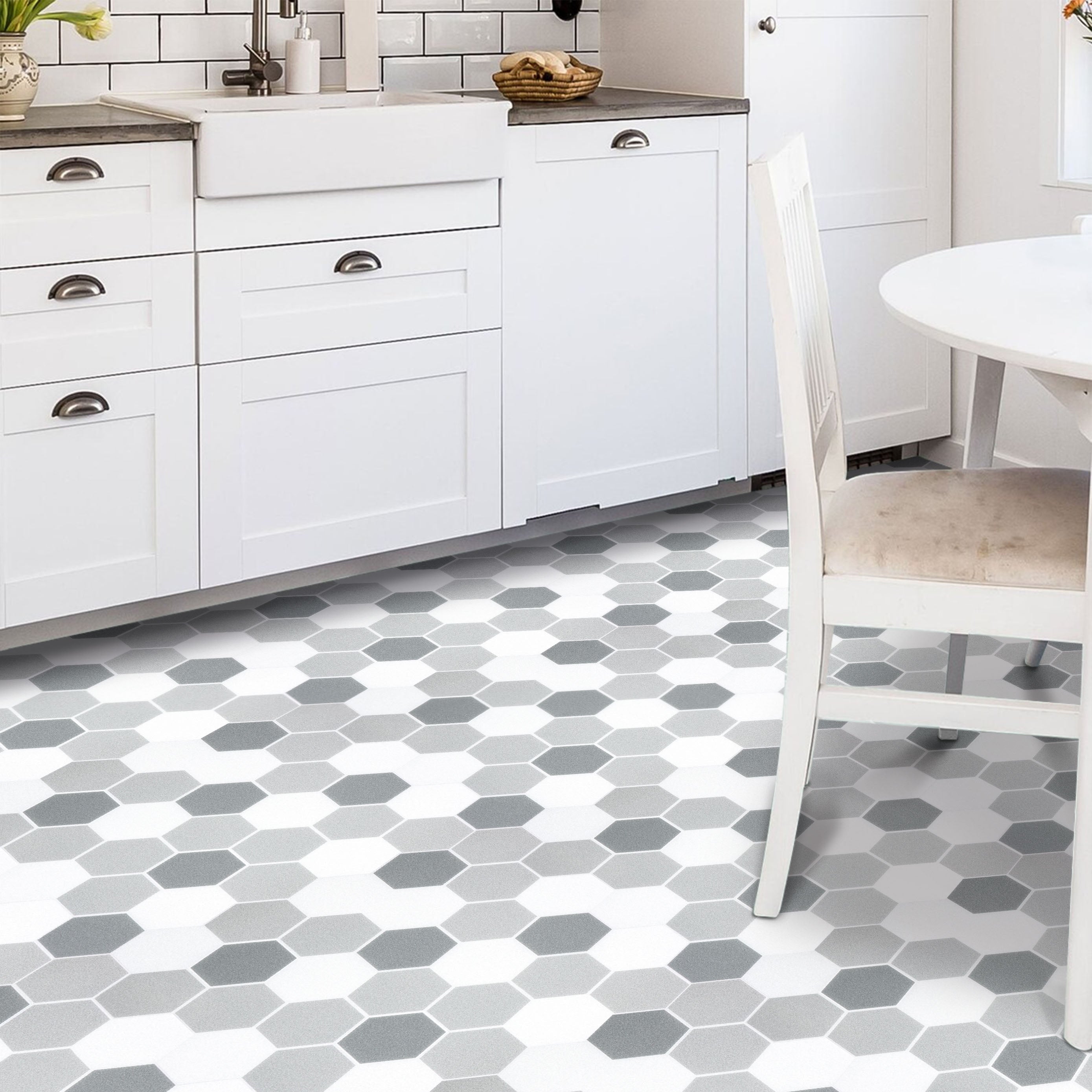 Grey and White Hexagon Peel and Stick Vinyl Floor Tile Sticker