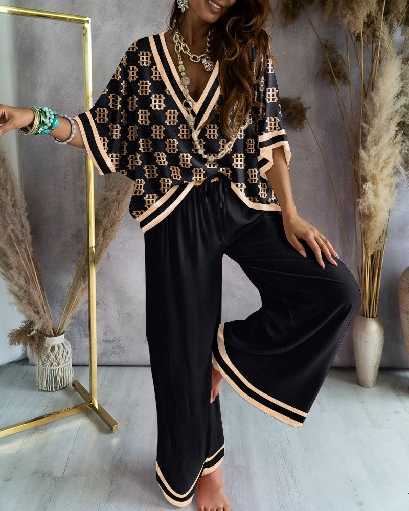 Printed Batwing Sleeve Top and Wide Leg Pants Suit for Women