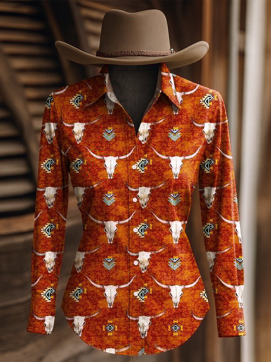 Women's Vintage Bull Skull Print Western Long Sleeve Shirt