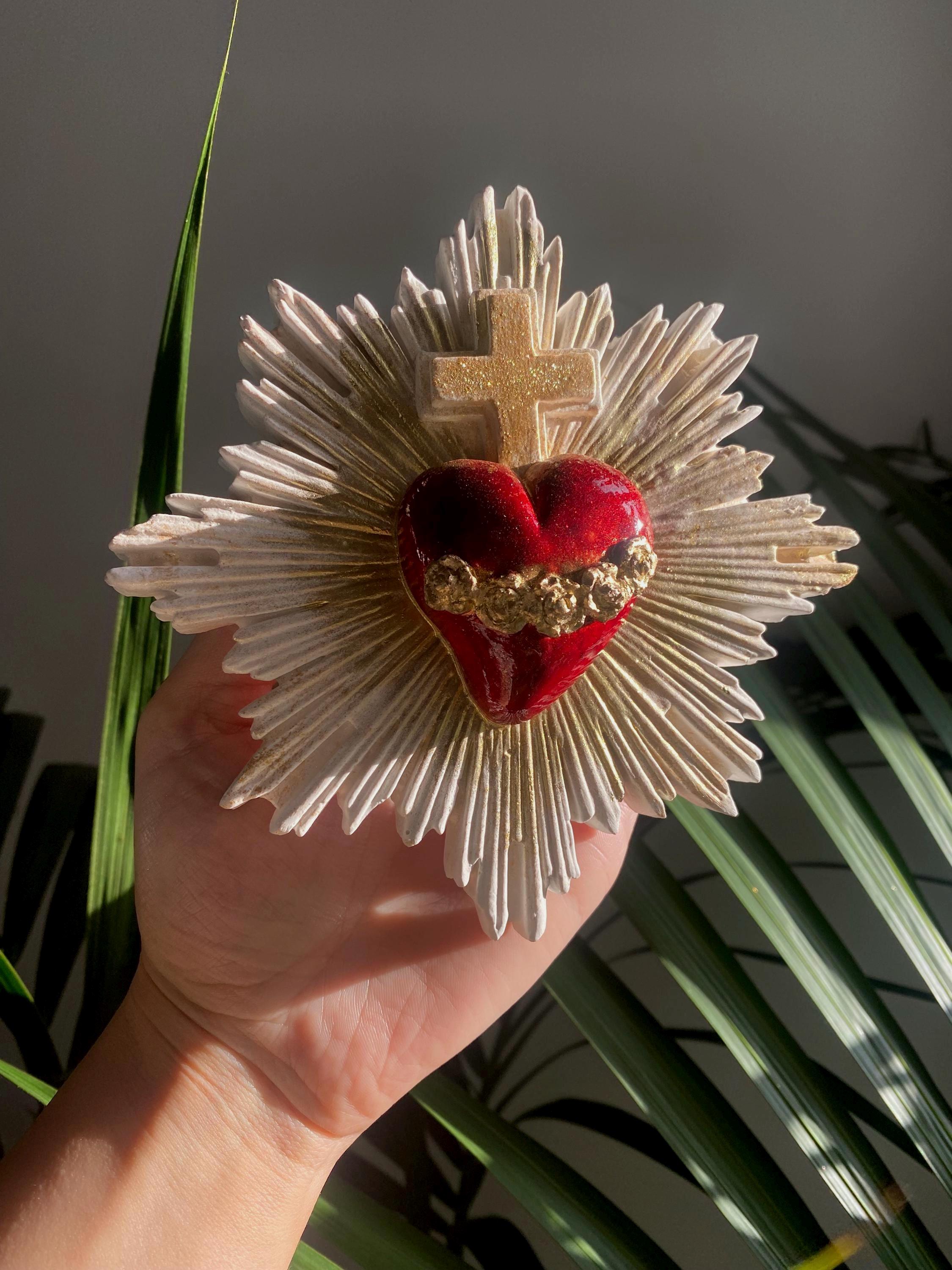 Sacred Heart Wall Decor, Milagro Heart, Flaming Heart & Cross, Handmade.