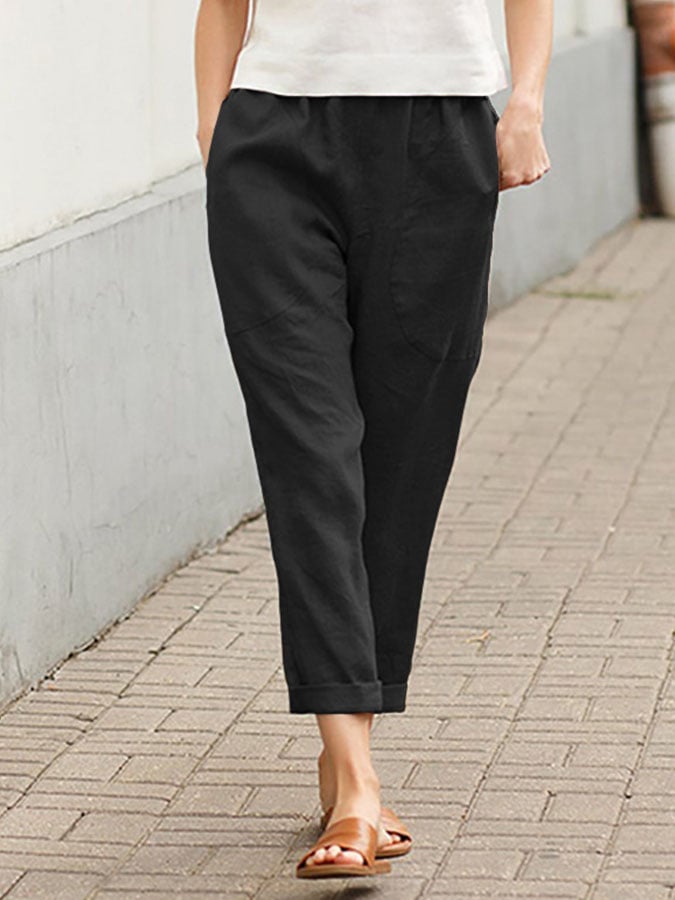 Cotton Linen Pocket Pure Casual Pants